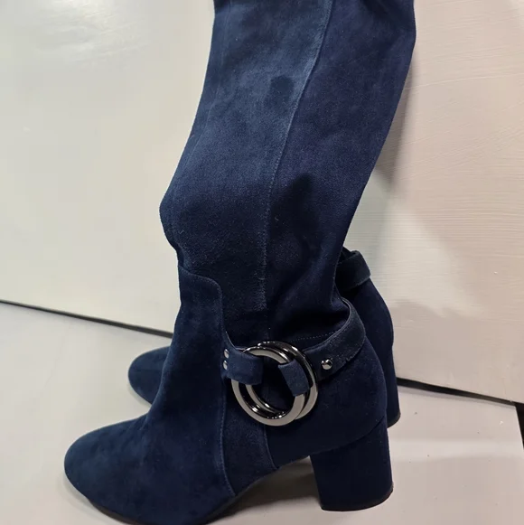 Karl Lagerfeld Navy Suede  Stretch Knee Boots 7.5M Block Heel - Picture 5 of 15